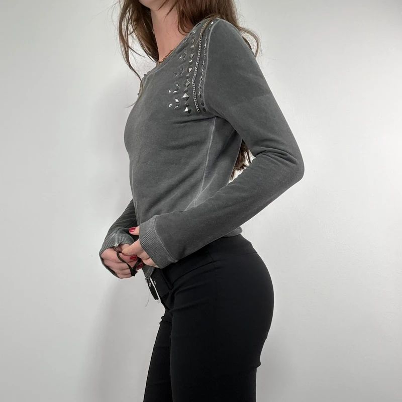 distressed cotton studded cropped sweatshirt
