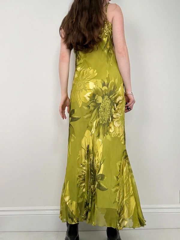 green floral watercolour silk bias cut maxi dress