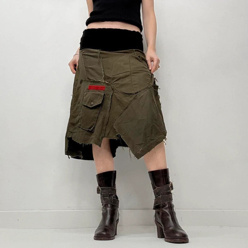 khaki fold over waistband midi skirt