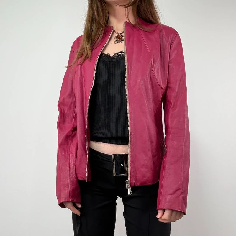 fitted 90s pink leather zip-up jacket