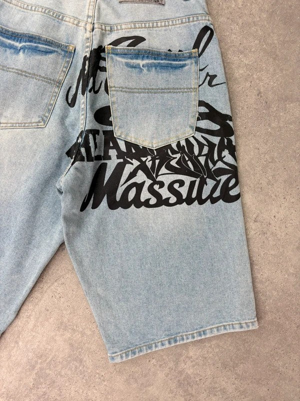 oversized wide leg denim jorts with graphic print
