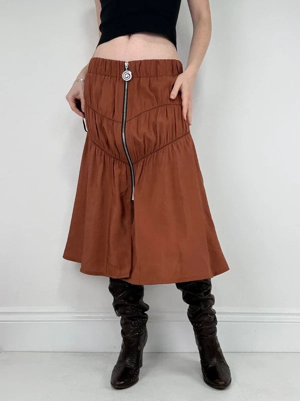 Cop Copine gathered ruched orange midi skirt