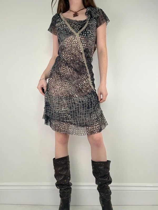 slouchy grey polkadot snake cowl neck draped mini dress