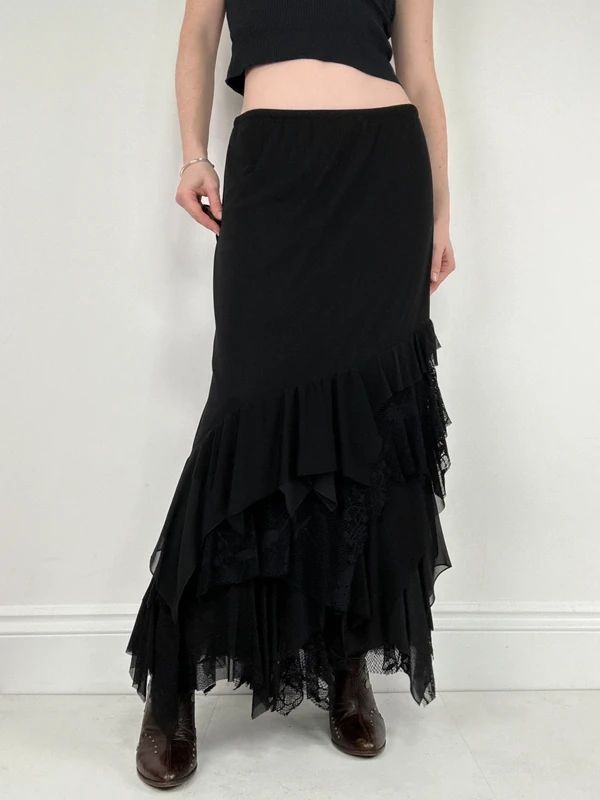 black ruffle grunge layered whimsygoth maxi skirt
