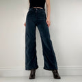 navy blue velvet flared trousers