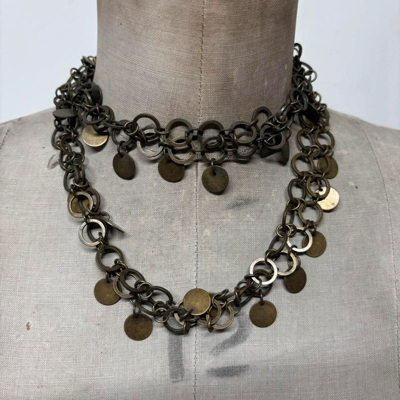 brass link coin long chain necklace