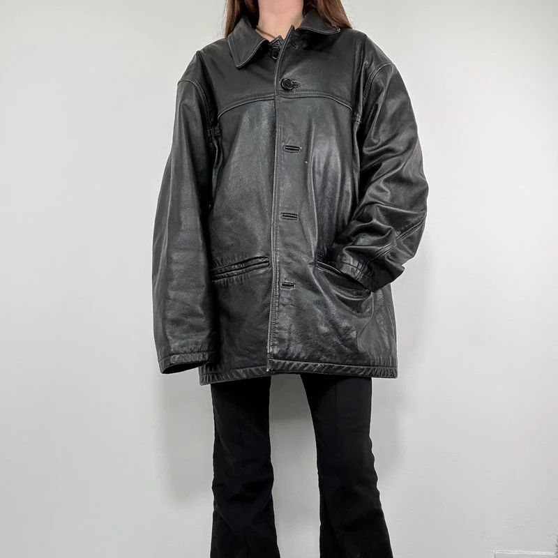 oversized black leather jacket