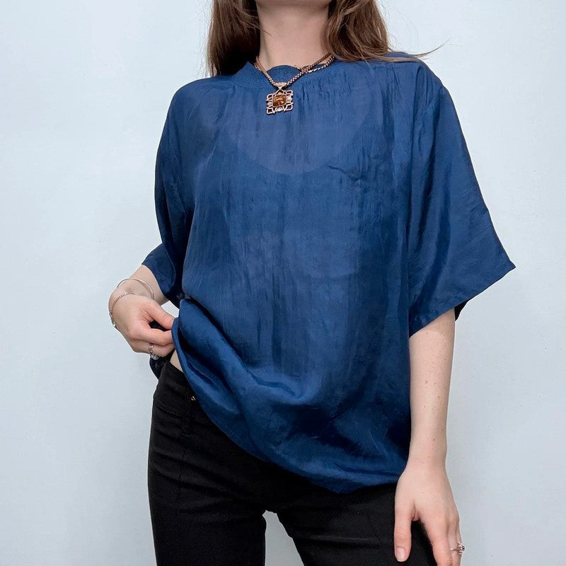 blue silk slouchy top blouse