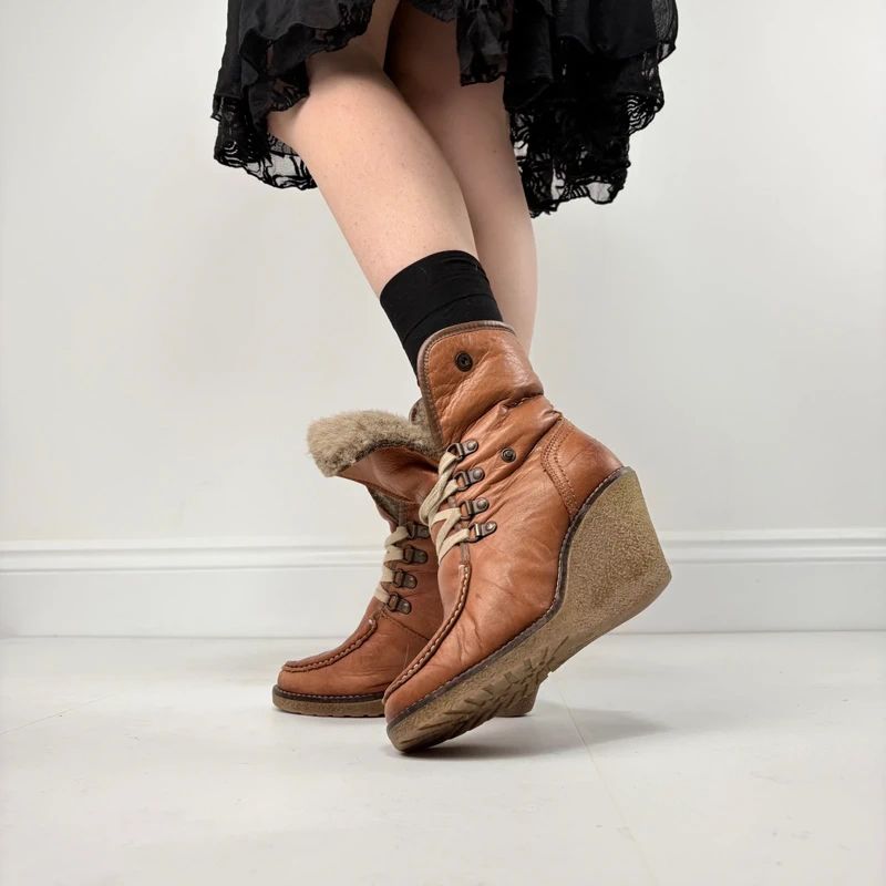 tan sheepskin leather wedge boots