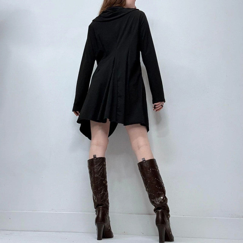 black draped long sleeve zip-up dress