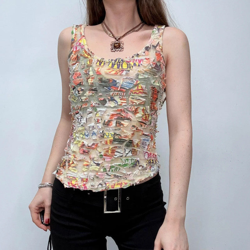 distressed sheer graphic vest