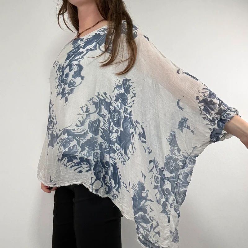 white and blue silk draped regency printed batwing blouse