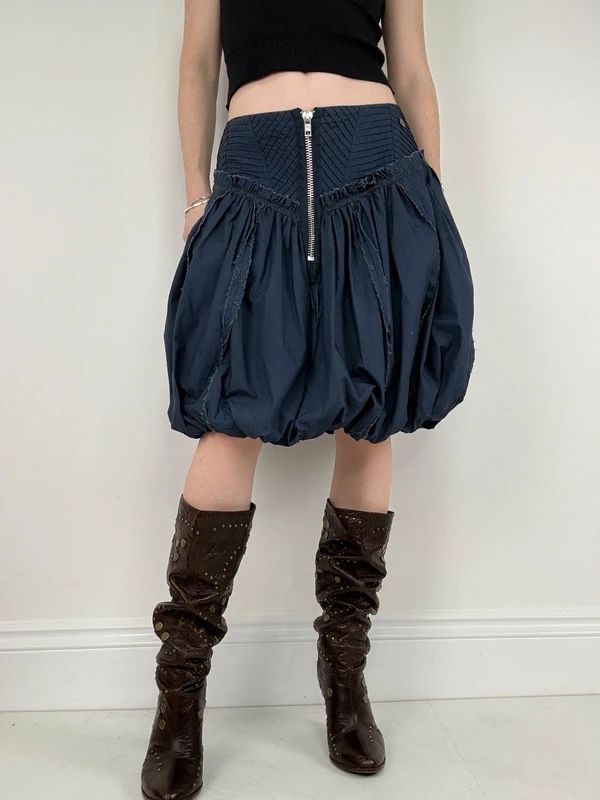 Puff parachute navy pleated midi flare skirt with zipper
