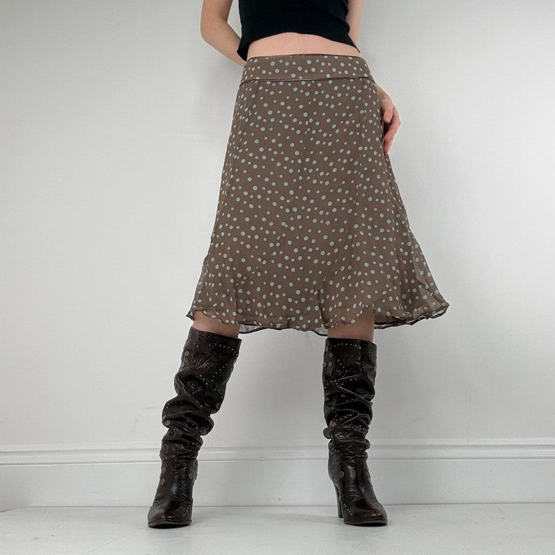 polkadot brown silk flared bias cut midi skirt