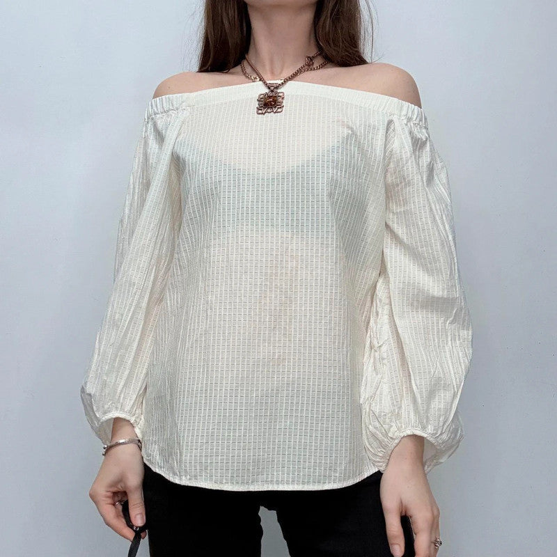 cream sheer off the shoulder puff shirt