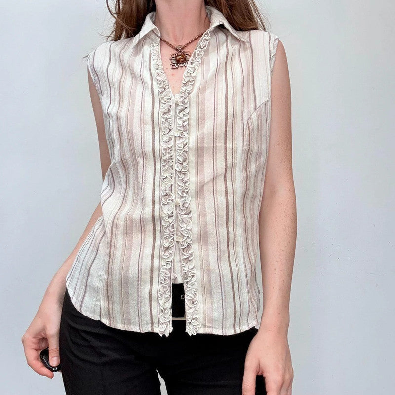 pinstriped sleeveless ruffle shirt blouse