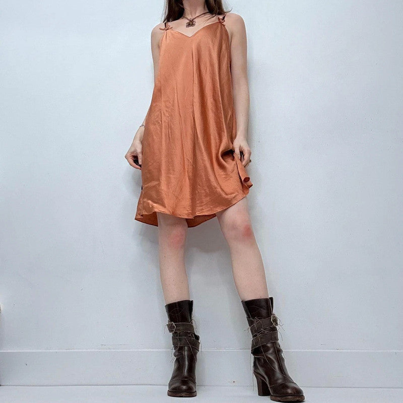 tan flared silk mini cami slip dress