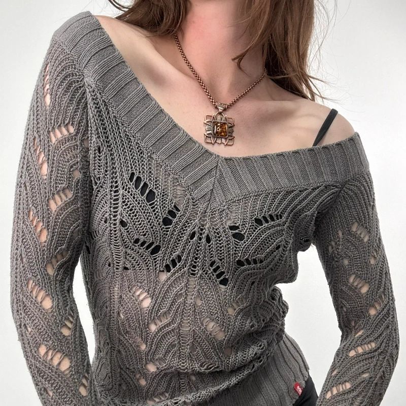 khaki lace knit off the shoulder slouchy jumper