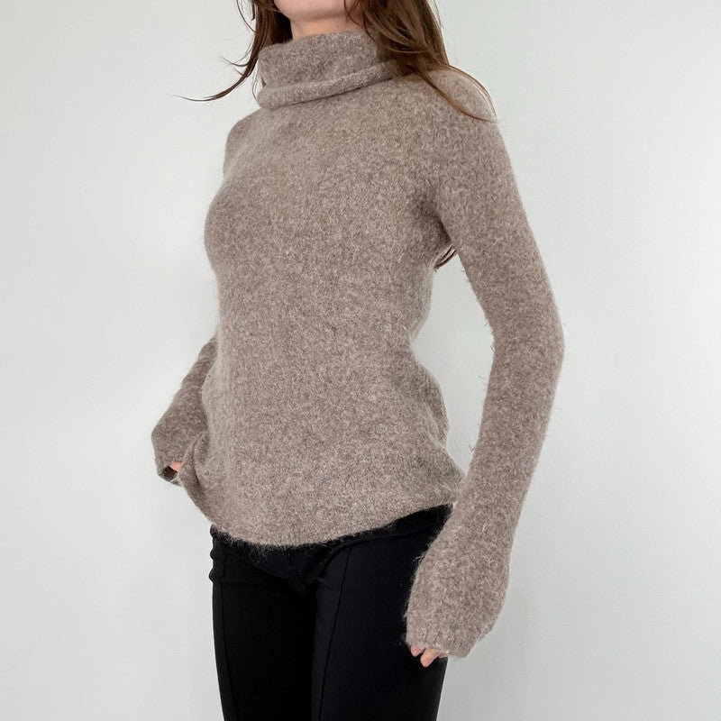 brown taupe fluffy knit mock neck