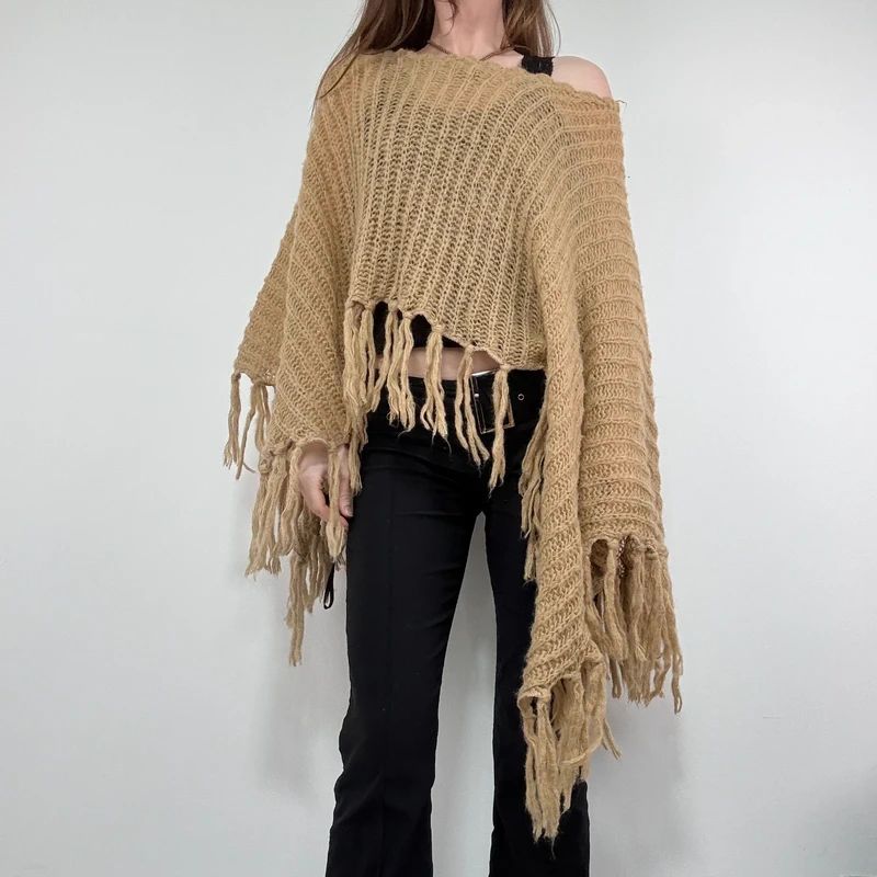 tan sheer knit crochet poncho