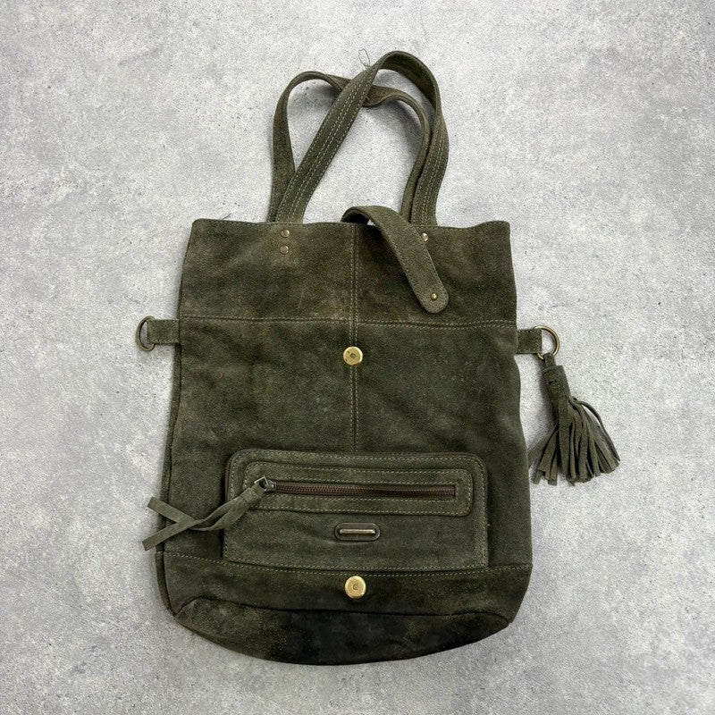 Khaki green suede leather tassel tote bag