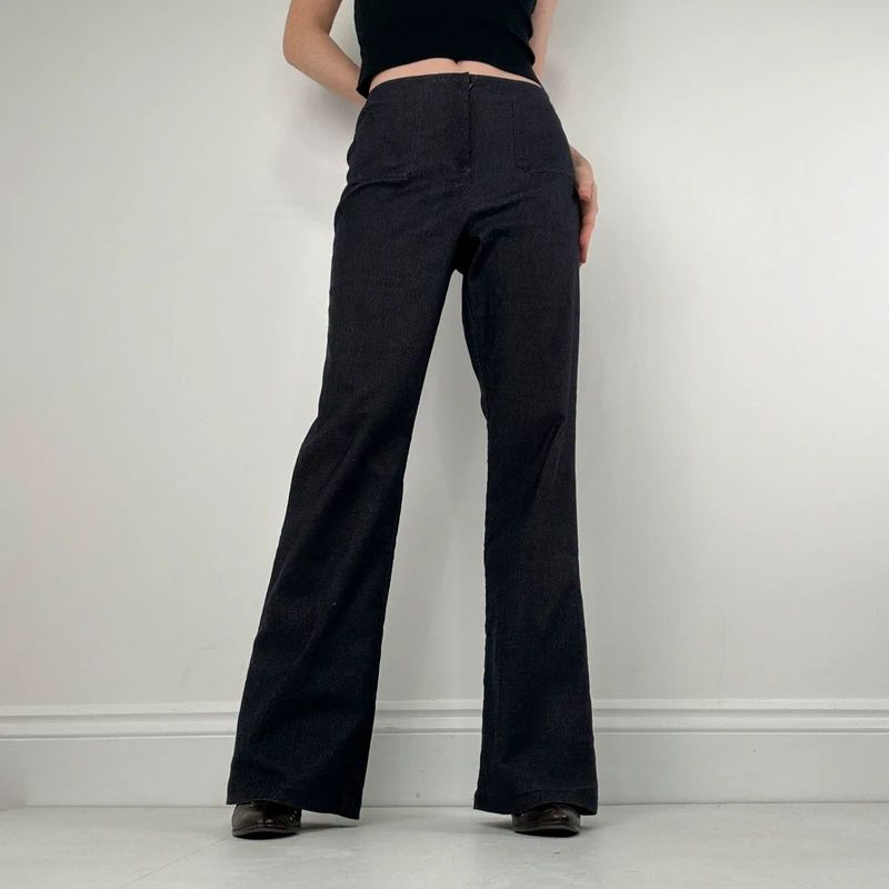 dark denim flared patch pocket trousers