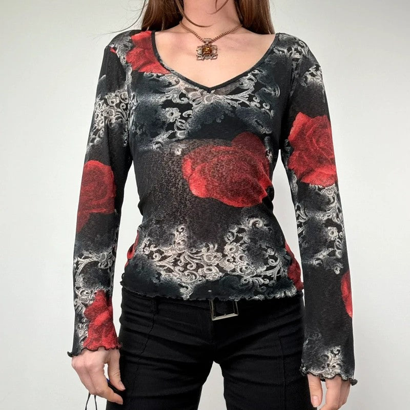 distressed floral rose print long sleeve mesh t-shirt