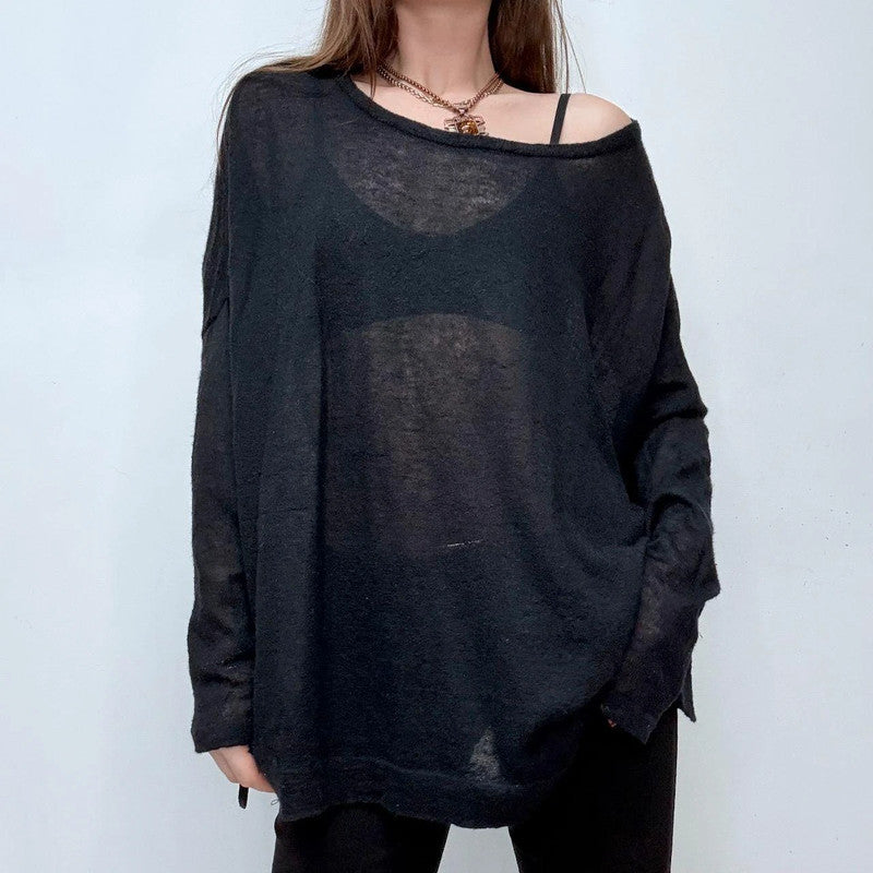sheer wide neck black mohair jumper
