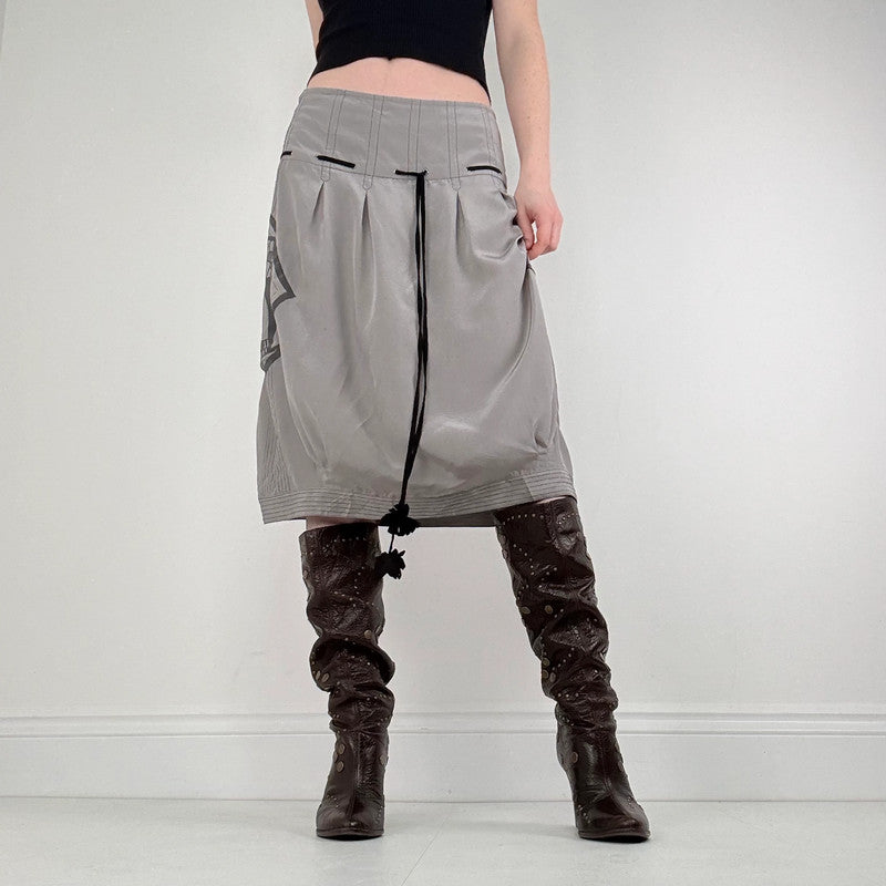 grey pleated puff graphic midi skirt
