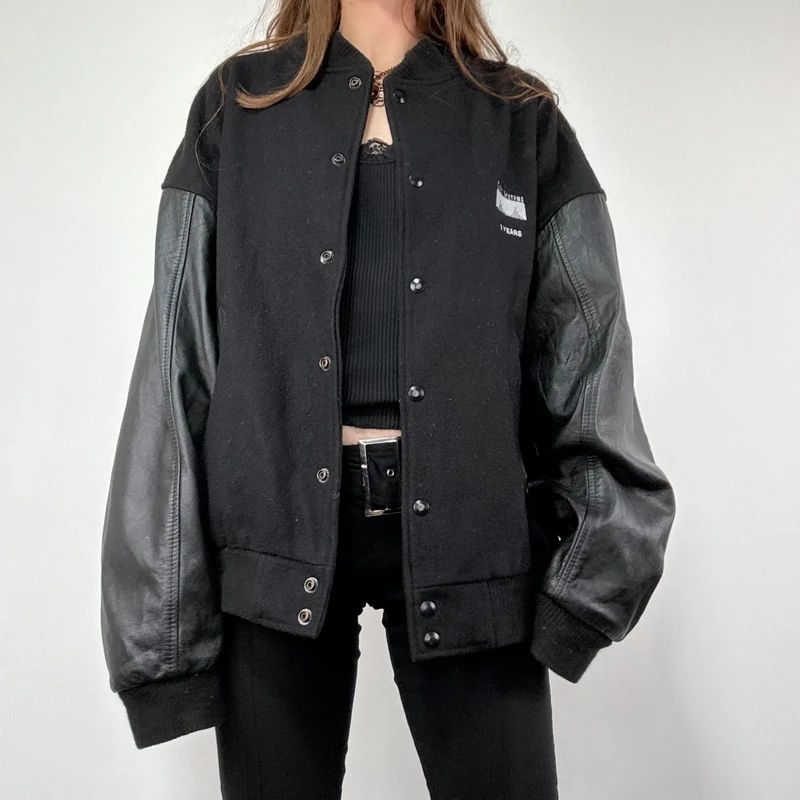 Black Leather Varsity Bomber Jacket
