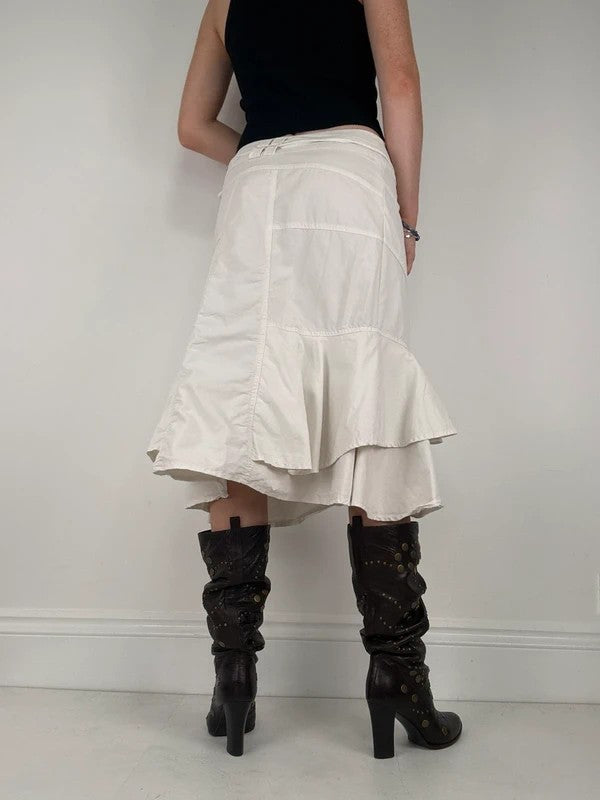 white ruffle low rise layered midi skirt