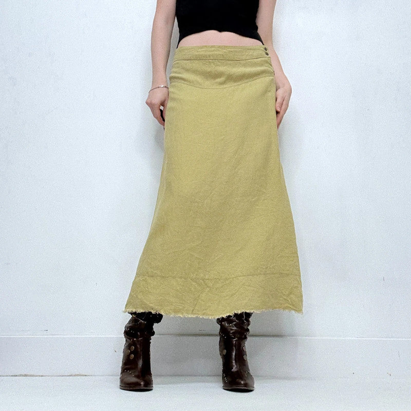 green linen flared maxi skirt