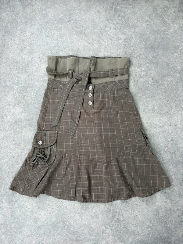 brown tartan low rise flared midi skirt