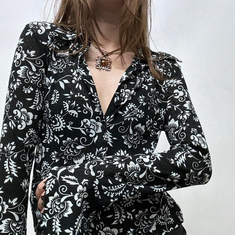 black floral sheer mesh lace shirt