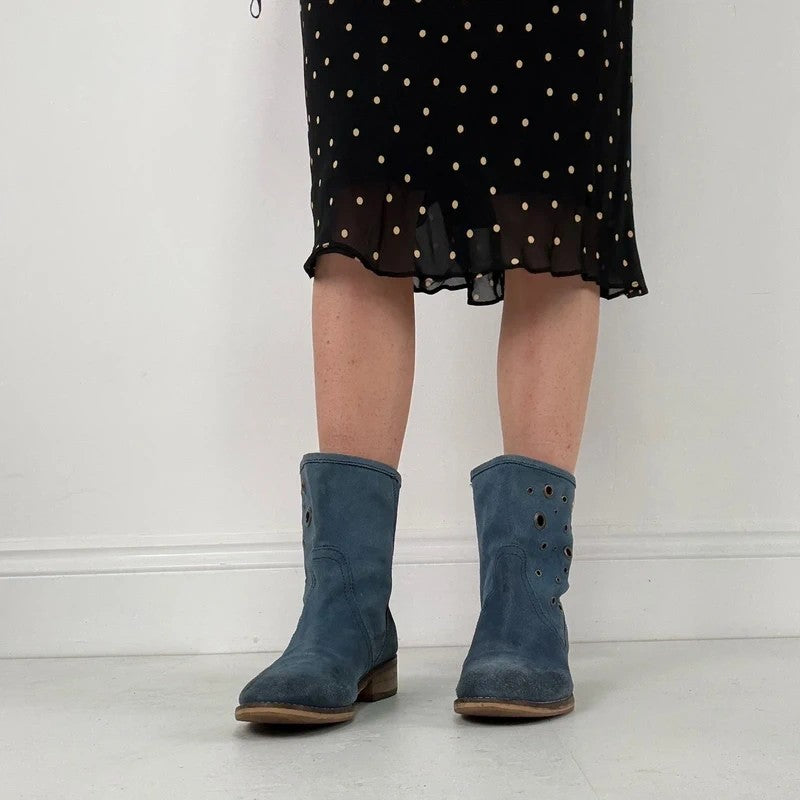 Blue suede studded eyelet ankle boots