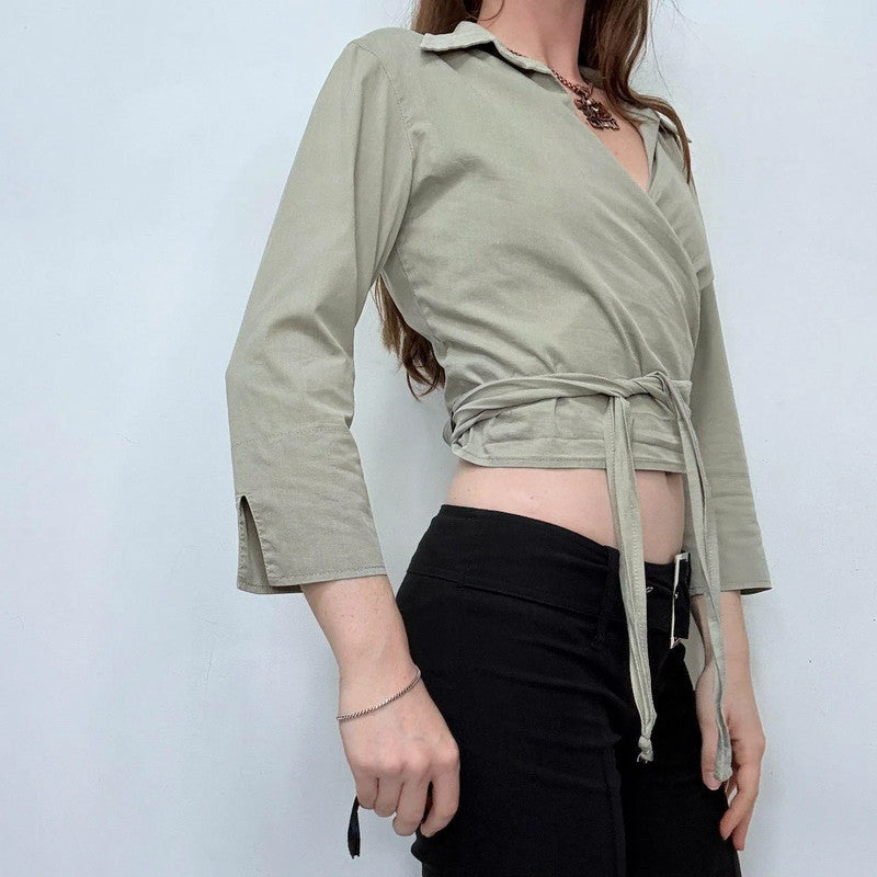khaki green wrap cropped shirt