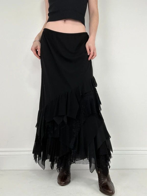 black ruffle grunge layered whimsygoth maxi skirt
