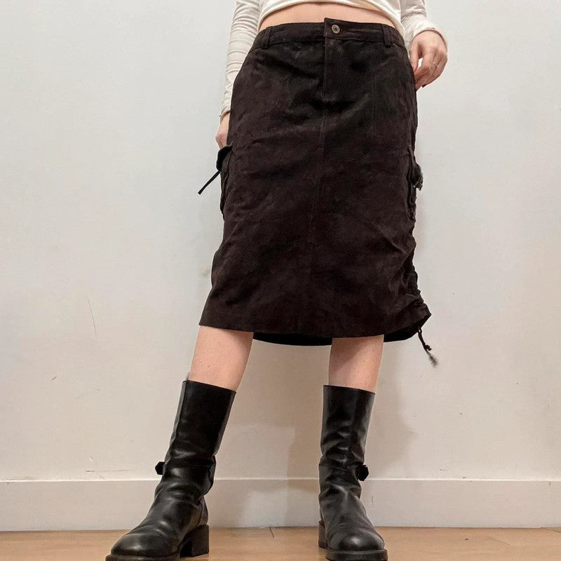 brown suede cargo midi skirt