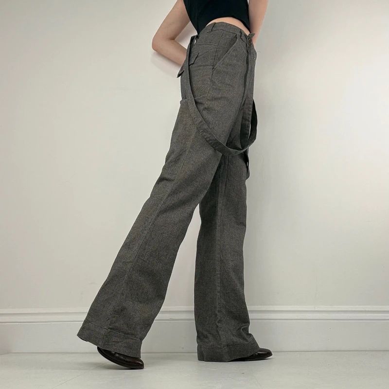 grey suspender flared suit trousers