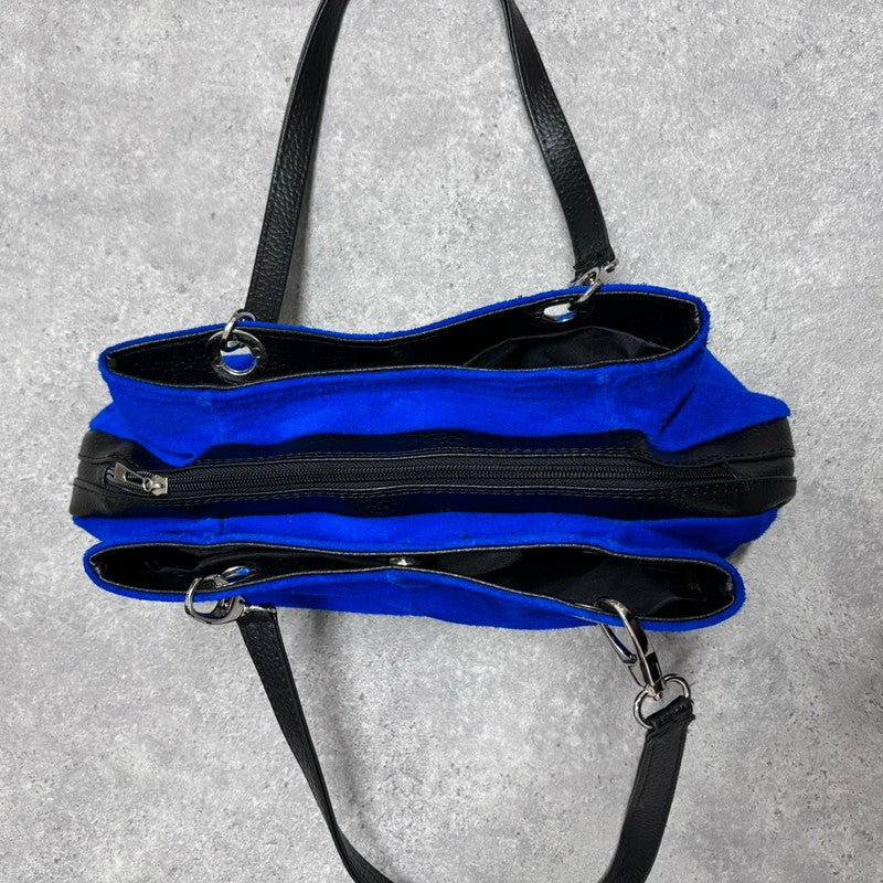 blue suede shoulder bag
