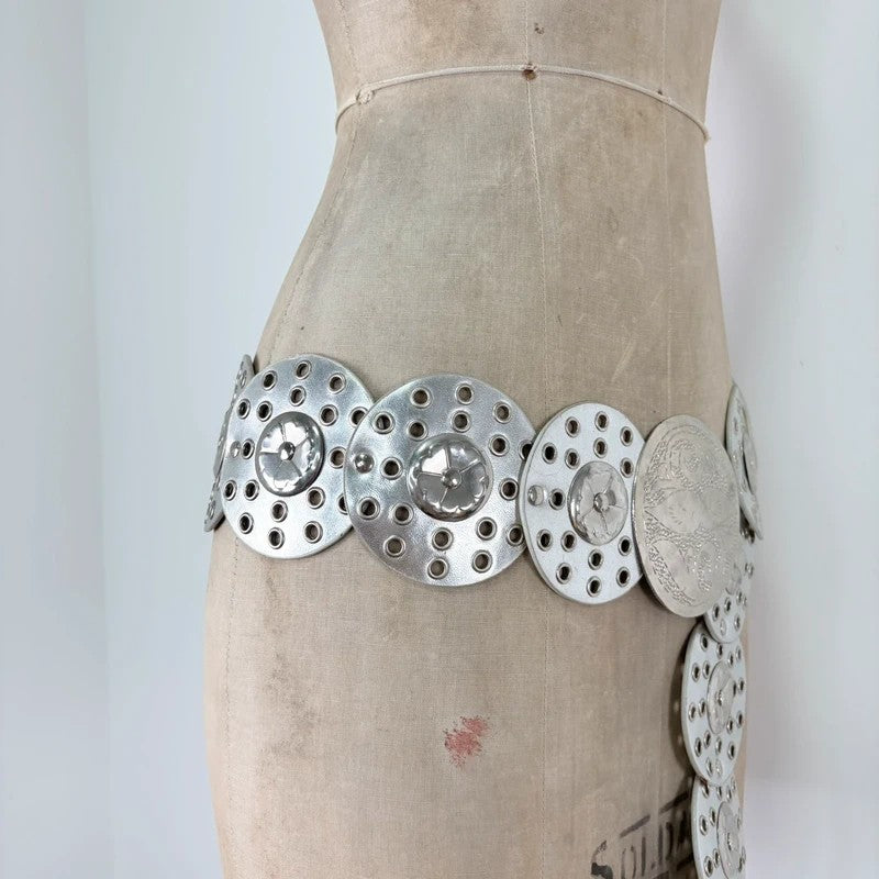 Silver leather studded circle belt