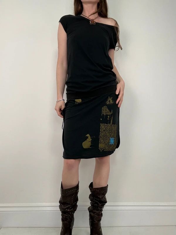 off the shoulder black slouchy drop waist dress