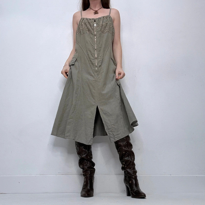 khaki embroidered zip midi dress