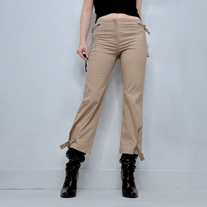 tan flared buckle utility pants