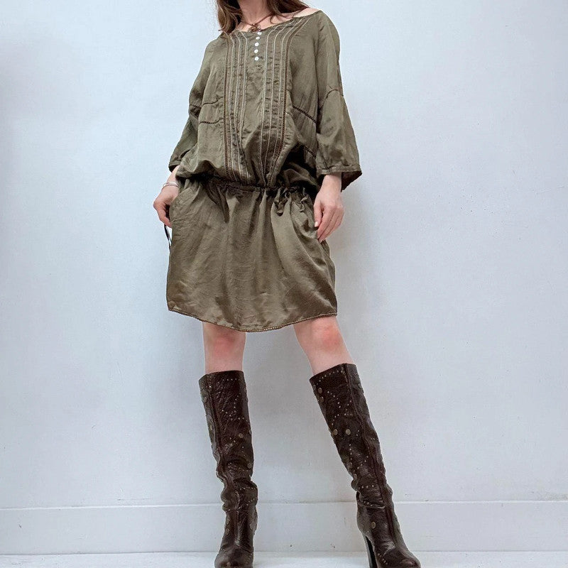khaki silk lace boho dress