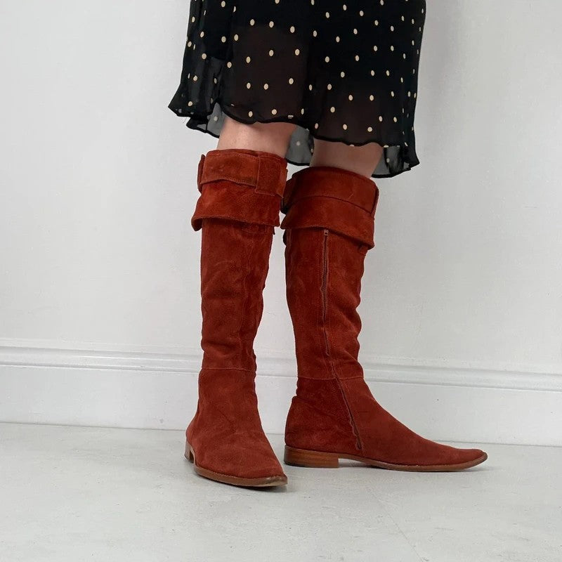 Pointed toe burnt orange suede buckle 70s boots