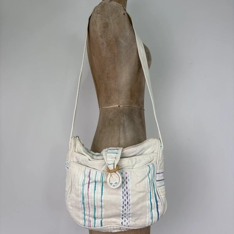 Woven cotton kantha cream crossbody bag