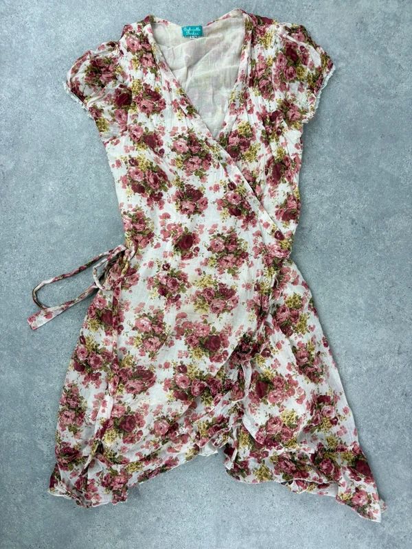 floral rose ruffle wrap around mini summer tea dress