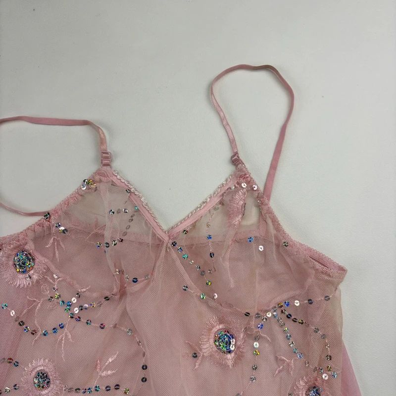 pastel pink sheer mesh lace embroidered cami top