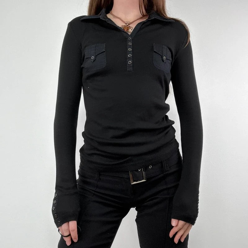 black long sleeve 1/4 button henley polo t-shirt